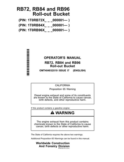 John Deere RB72 RB84 RB96 Roll-out Bucket Operator Manual