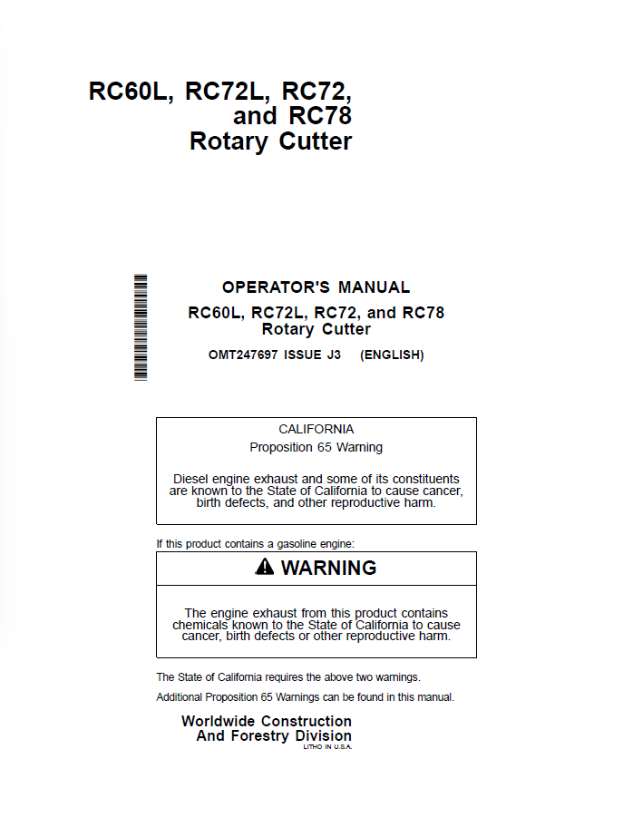 John Deere RC60L, RC72L, RC72, and RC78 Rotary Cutter Operator Manual OMT247697 PDF