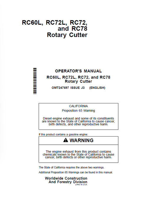 John Deere RC60L, RC72L, RC72, and RC78 Rotary Cutter Operator Manual OMT247697 PDF