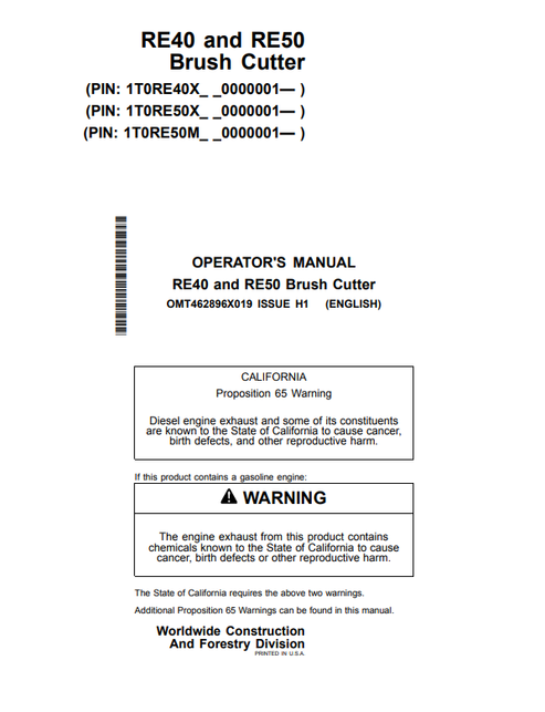 John Deere RE40 And RE50 Brush Cutter Operator Manual OMT462896X019