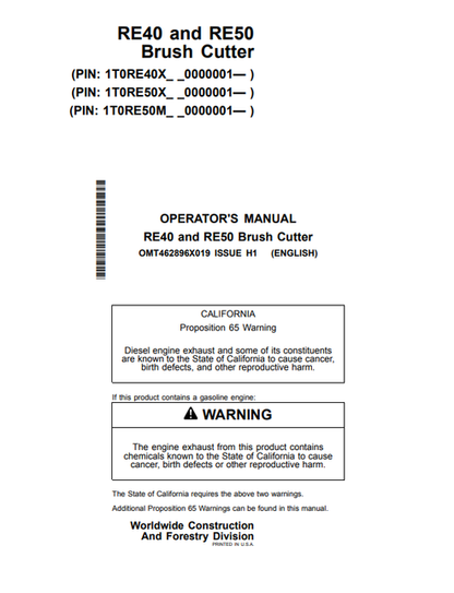 John Deere RE40 And RE50 Brush Cutter Operator Manual OMT462896X019