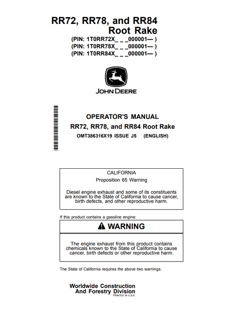 John Deere RR72 RR78 RR84 Root Rake Operator Manual PDF