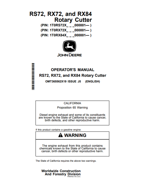 John Deere RS72 RX72 RX84 Rotary Cutter Operator Manual PDF