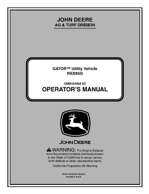 John Deere RSX850I Gator Utility Vehicle Operator Manual OMM164565