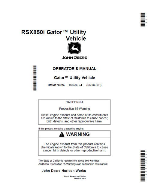 John Deere RSX850i Gator Utility Vehicle Operator Manual OMM173024
