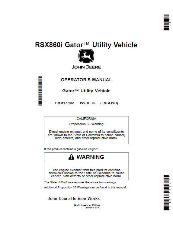 John Deere RSX860i Gator™ Utility Vehicle Operator Manual OMM177961 PDF