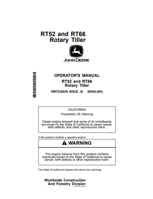 John Deere RT52 RT66 Rotary Tiller Operator Manual OMT229529