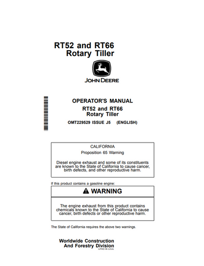John Deere RT52 RT66 Rotary Tiller Operator Manual OMT229529
