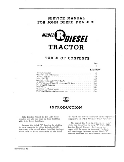 John Deere R Diesel Tractor Workshop Service Manual SM2005