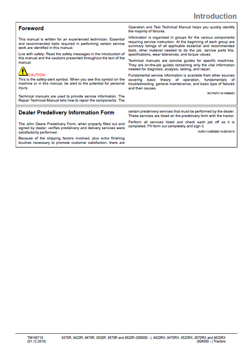 John Deere R & RX Series Tractor Diagnostic Repair Technical Manual