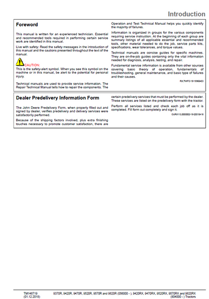 John Deere R & RX Series Tractor Diagnostic Repair Technical Manual