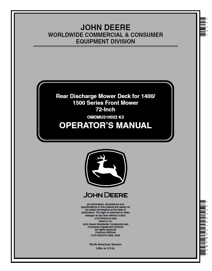 John Deere Rear Discharge Mower Deck for 1400/1500 Series Front Mower 72-Inch Operator Manual OMDMU210022 PDF