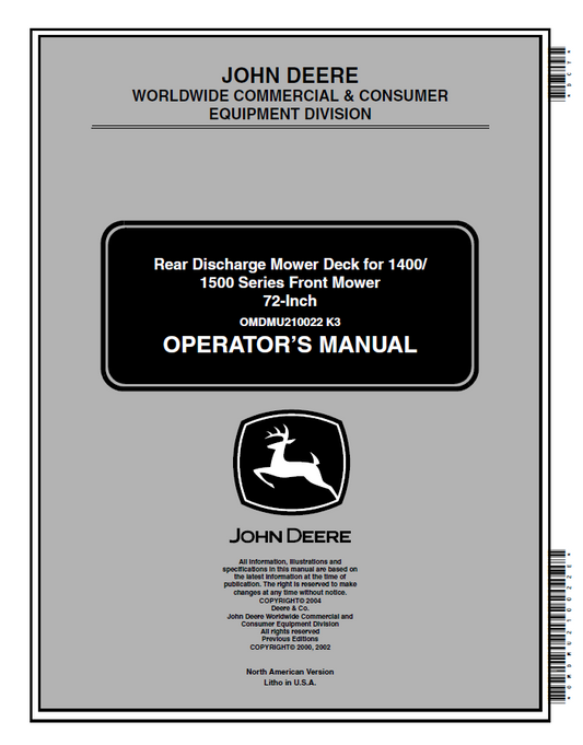 John Deere Rear Discharge Mower Deck for 1400/1500 Series Front Mower 72-Inch Operator Manual OMDMU210022 PDF