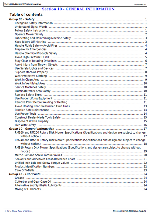 John Deere Rotary Disk Mower R160-R310 Technical Repair Manual TM134119