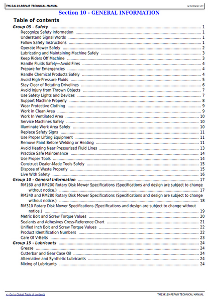 John Deere Rotary Disk Mower R160-R310 Technical Repair Manual TM134119