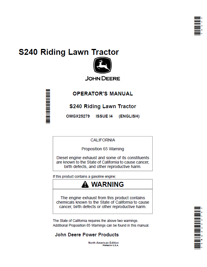 John Deere S240 Riding Lawn Tractor Operator Manual OMGX25279 PDF 