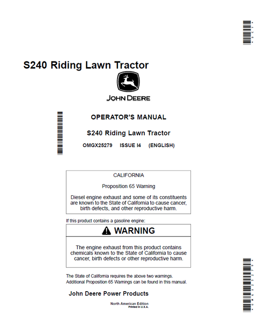 John Deere S240 Riding Lawn Tractor Operator Manual OMGX25279 PDF 