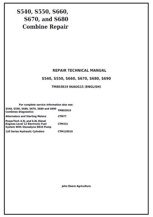 John Deere S540 S550 S660 S670 S680 Combine Repair Manual TM803819