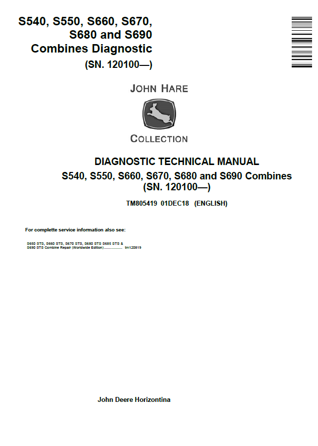 John Deere S540, S550, S660, S670, S680 and S690 Combines Diagnostic Technical Manual TM805419 PDF