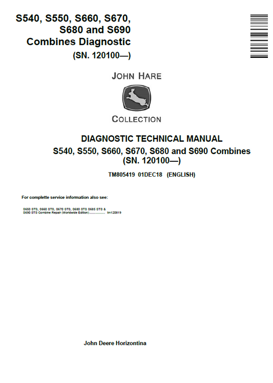John Deere S540, S550, S660, S670, S680 and S690 Combines Diagnostic Technical Manual TM805419 PDF