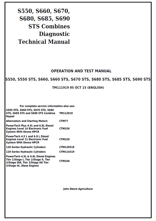 John Deere S550, S550 STS, S660, S660 STS, S670 STS, S680 STS, S685 STS, S690 STS Combine Diagnostic Technical Manual TM111919 PDF