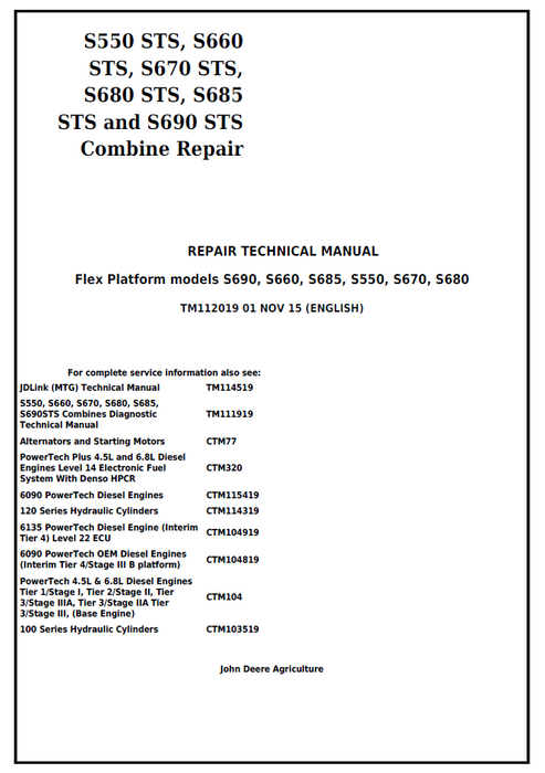 John Deere S550 S660 S670 S680 S685 S690 Repair Manual TM112019