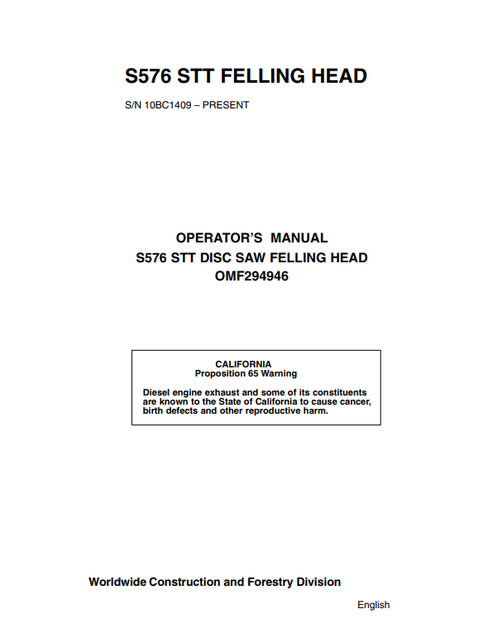 John Deere S576 STT Disc Saw Felling Head Operator Manual OMF294946
