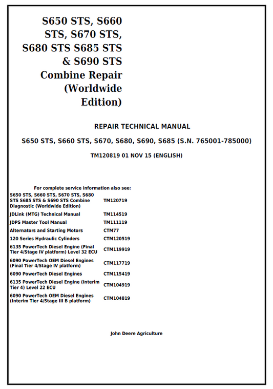 John Deere S650 STS, S660 STS, S670, S680, S690, S685 Combine Repair Technical Manual TM120819 PDF