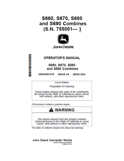 John Deere S660 S670 S680 And S690 Combine Operator Manual OMHXE51478