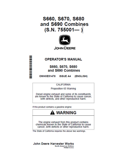 John Deere S660 S670 S680 And S690 Combine Operator Manual OMHXE51478