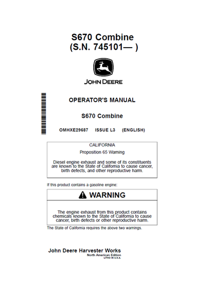 John Deere S670 Combine Operator Manual OMHXE29687