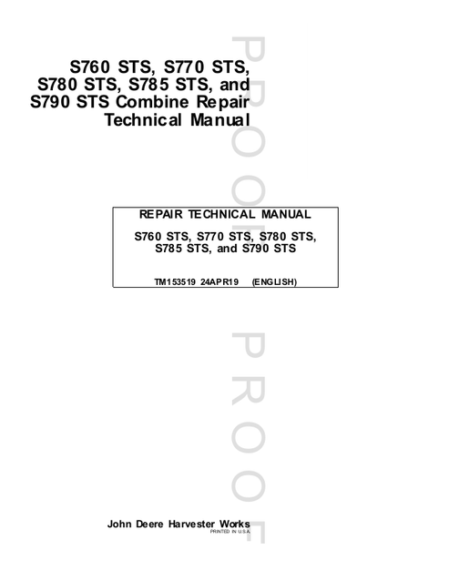 John Deere S760 S770 S780 S785 S790 STS Combine Repair Manual