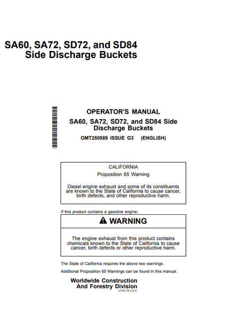 John Deere SA60 SA72 SD72 SD84 Side Discharge Bucket Manual