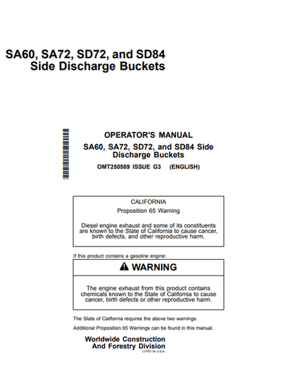 John Deere SA60 SA72 SD72 SD84 Side Discharge Bucket Manual