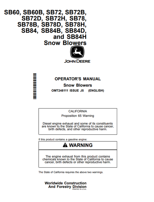 John Deere SB60 SB72 SB78 SB84 Snow Blower Manual OMT248111