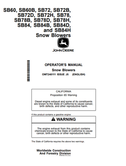 John Deere SB60 SB72 SB78 SB84 Snow Blower Manual OMT248111