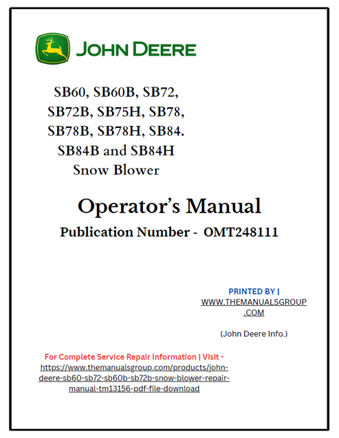 John Deere SB60 SB72 SB78 SB84 Snow Blower Operator Manual PDF