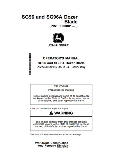 John Deere SG96 SG96A Dozer Blade Operator Manual PDF