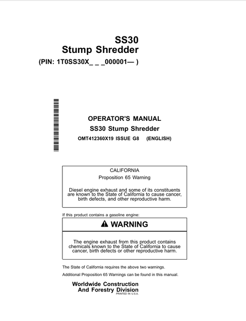John Deere SS30 Stump Shredder Operator Manual