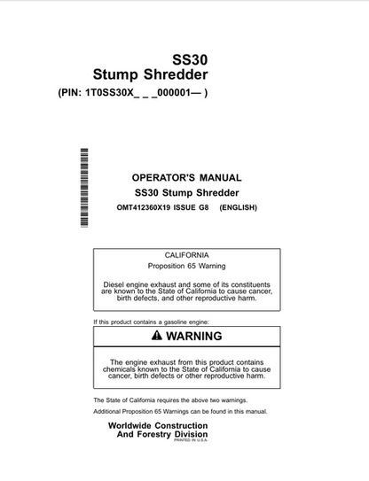 John Deere SS30 Stump Shredder Operator Manual