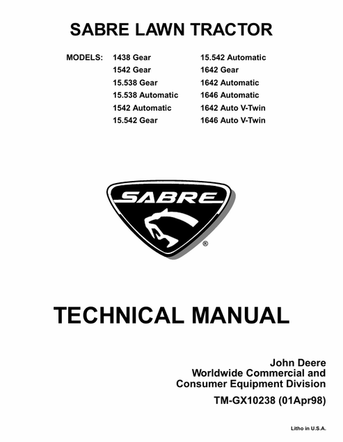 John Deere Sabre 1438 GEAR 1646 Auto V-Twin Manual TMGX10238