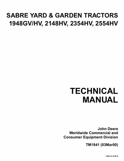John Deere Sabre 1948GV/HV 2148HV 2354HV 2554HV Manual TM1841