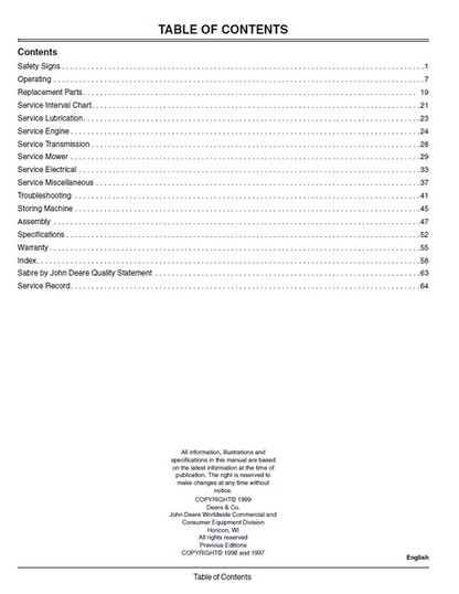 John Deere Sabre Garden Tractor 2048HV 2254HV 2554HV PDF Manual