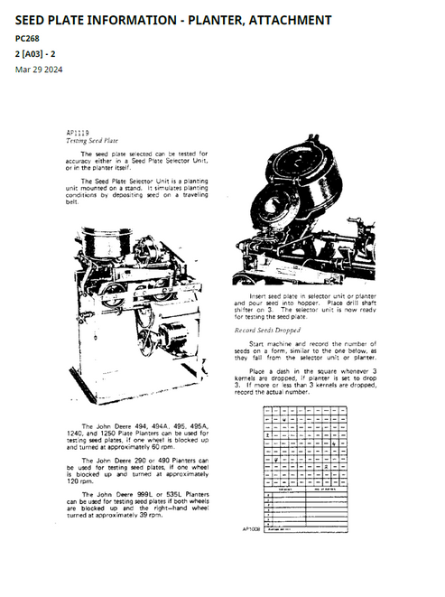 John Deere Seed Plate Equipment Parts Identification Manual PC268
