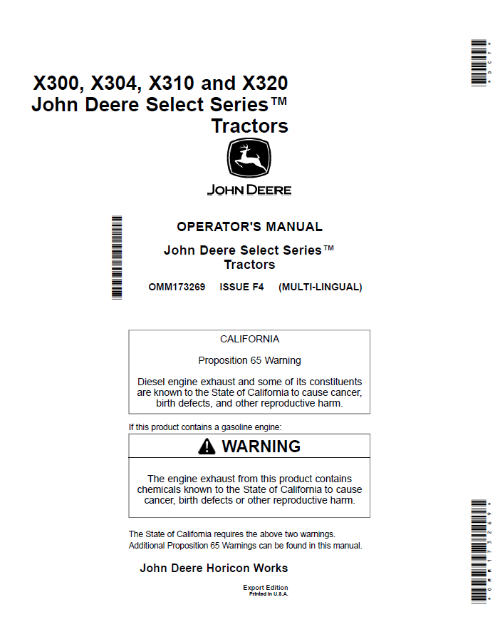 John Deere Select Series™ Tractors X300, X304, X310 and X320 Operator Manual OMM173269 PDF