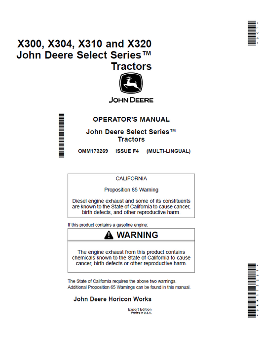 John Deere Select Series™ Tractors X300, X304, X310 and X320 Operator Manual OMM173269 PDF