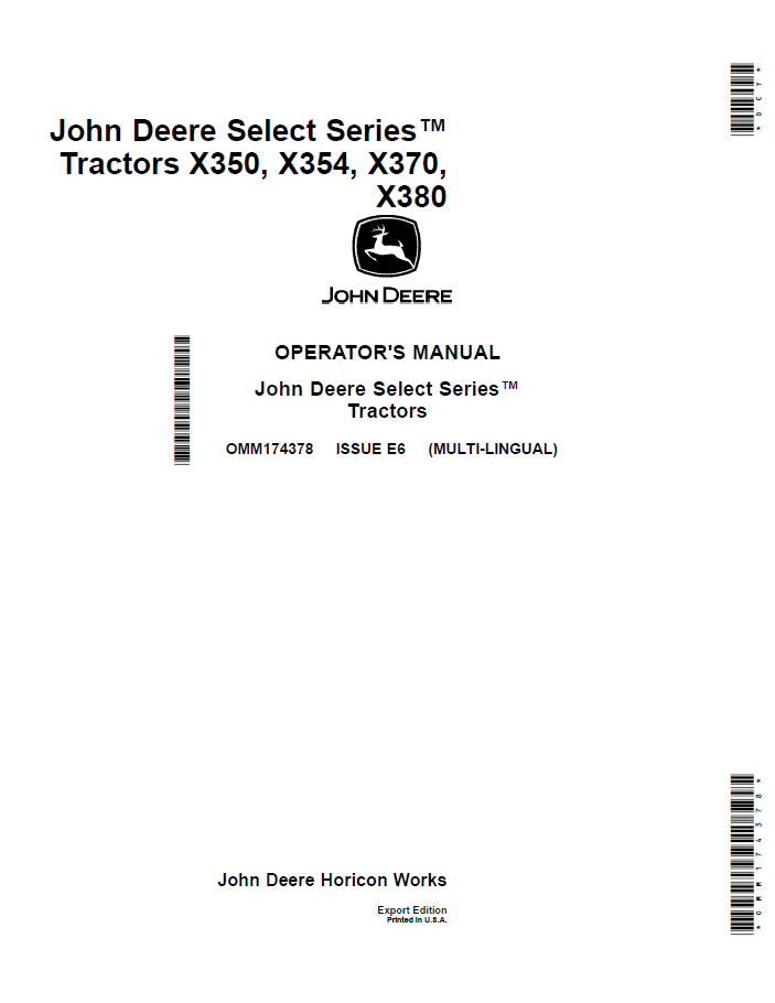 John Deere Select Series™ Tractors X350, X354, X370, X380 Operator Manual OMM174378 PDF