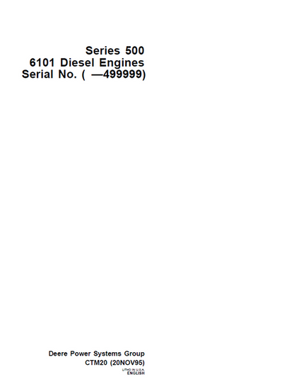 John Deere Series 500 6101 Diesel Engine Component Manual CTM20
