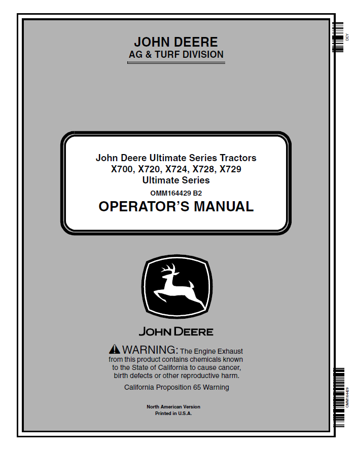 John Deere Series Tractors X700, X720, X724, X728, X729  Operator Manual OMM164429 PDF