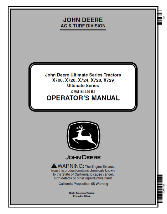 John Deere Series Tractors X700, X720, X724, X728, X729  Operator Manual OMM164429 PDF